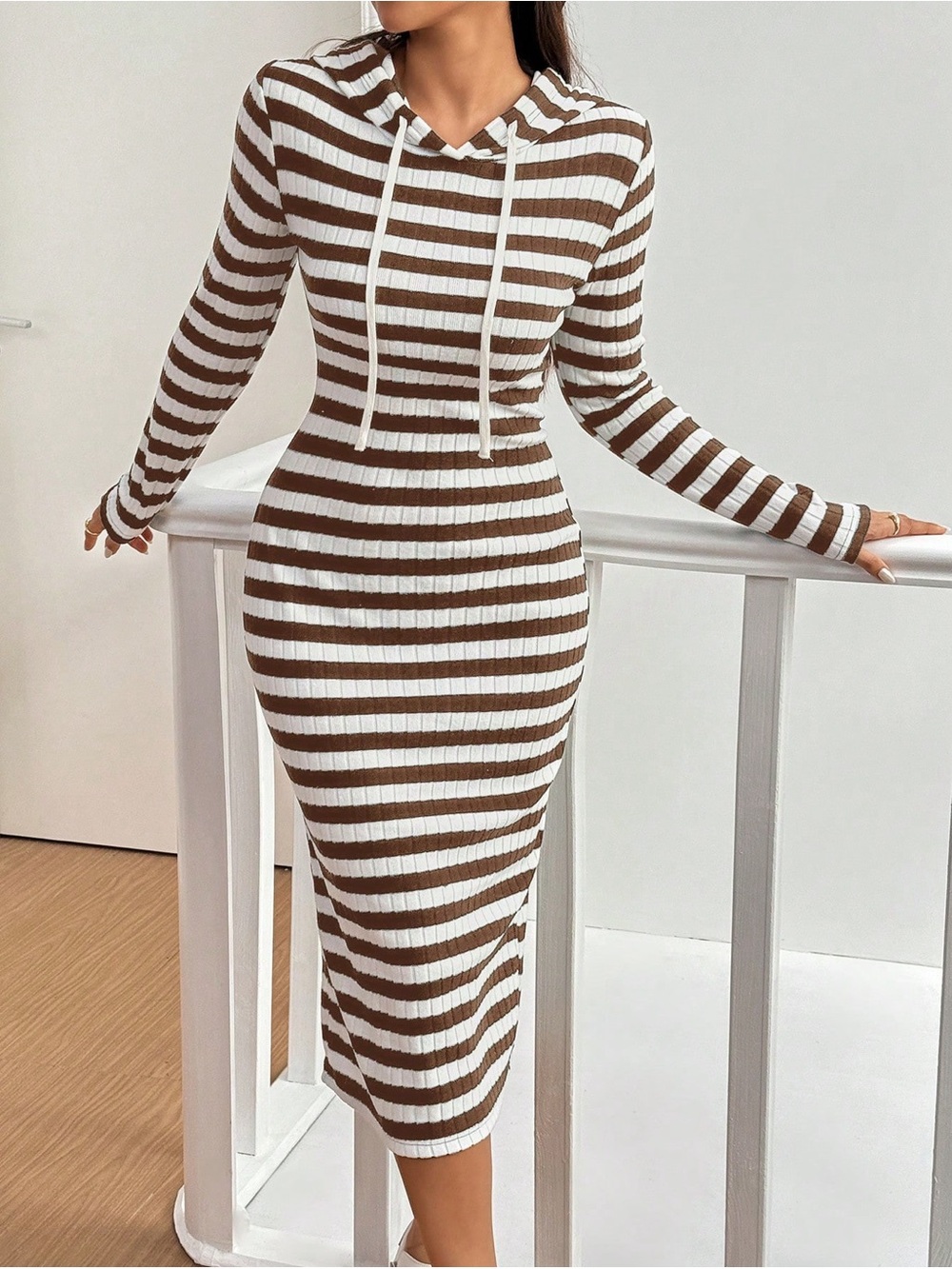 Striped Ribbed Hooded Midi Dress in Brown and White